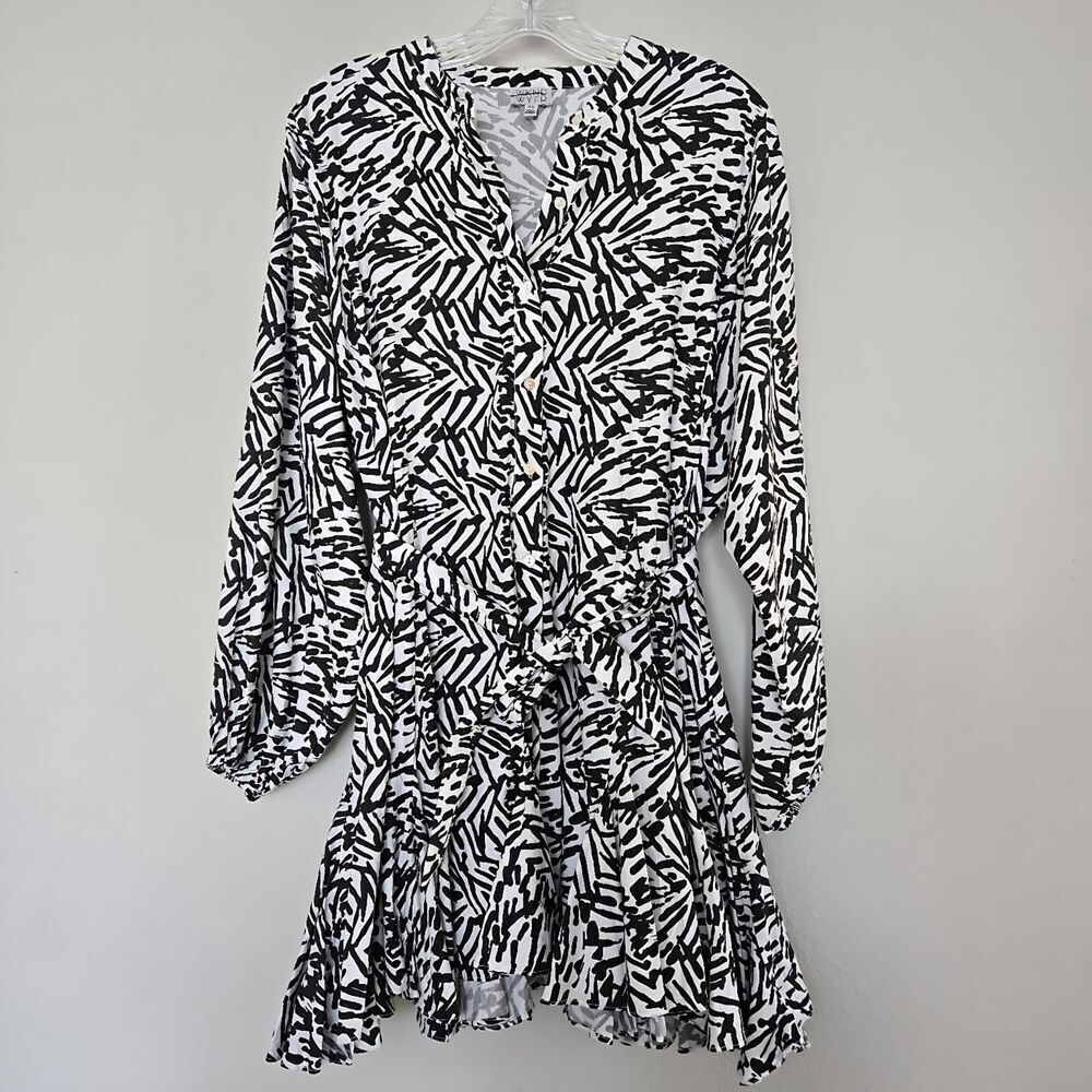 WKND WYFR Stylish Black & White Patterned Dress Long Puff Sleeves Size XS